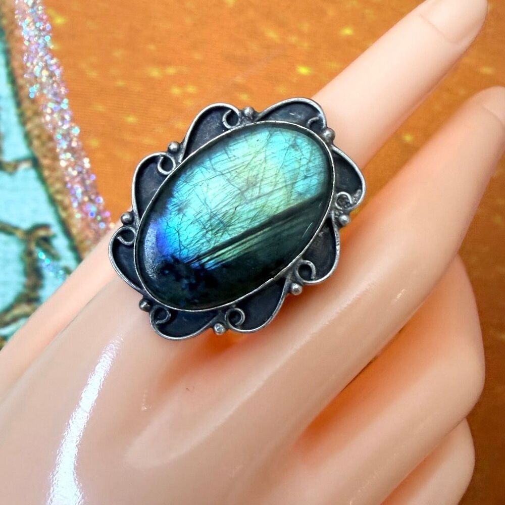 Labradorite Statement Ring Blue Green Flash Ornate Silver Tone